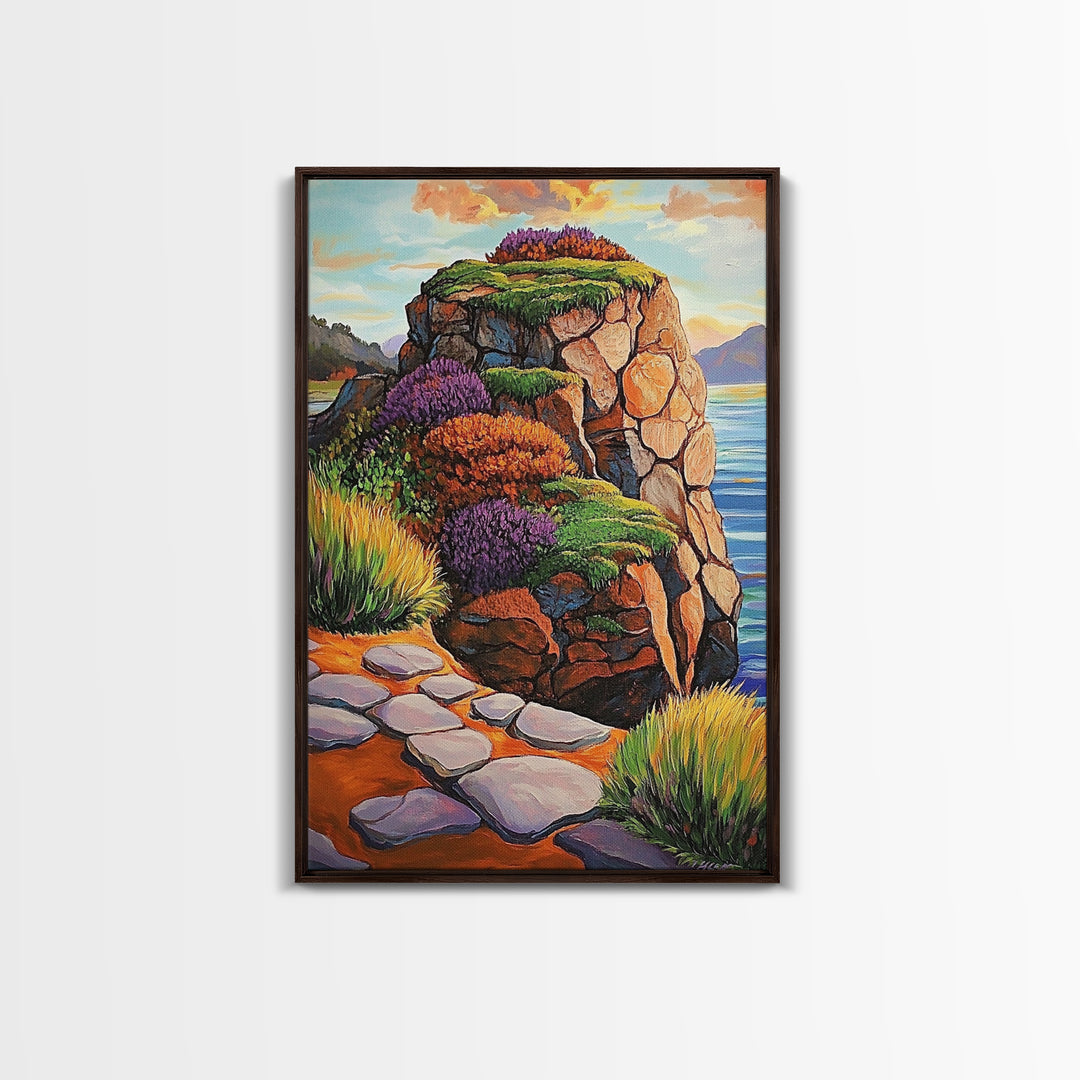 Rocky Cliff, Ocean, Wildflowers Canvas Print, Vibrant Coastal Wall Art, Hallway Nature Scene, Colorful Landscape Painting