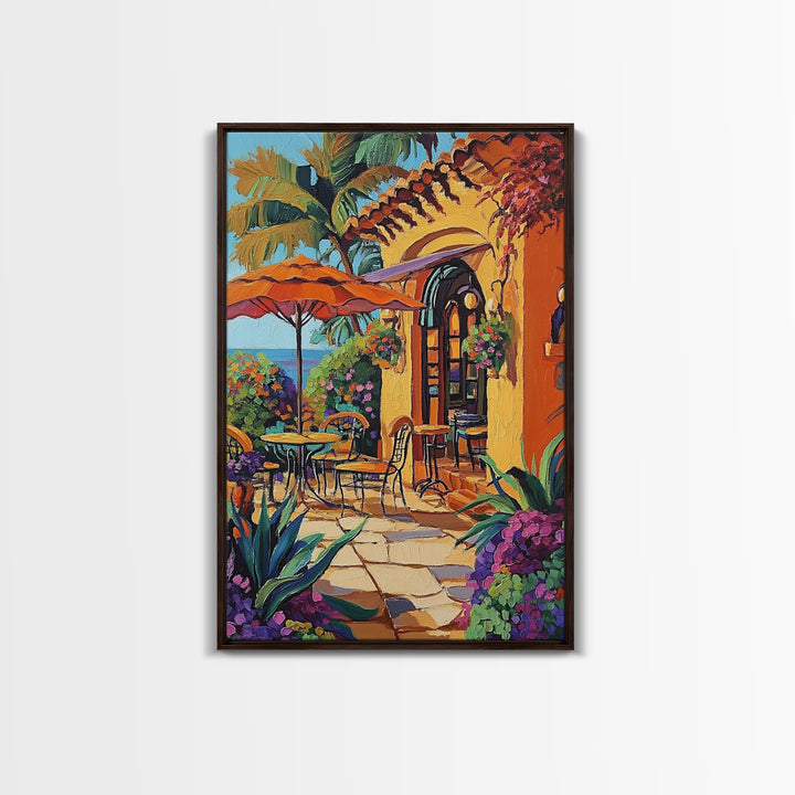 Bistro Patio, Sun, Canvas Print, Mediterranean cafe painting, kitchen wall art, outdoor charm artwork, sunny terrace decor, cozy nook print