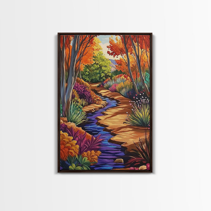 Autumn Forest, Stream, Pathway, Framed Canvas Print, Fall Nature Wall Art, Cozy Cabin Decor, Boho Living Room Landscape Artwork