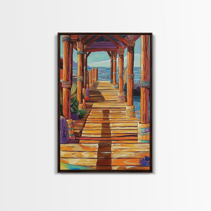 Dock Ocean, Pier, Sunset, Framed Canvas Print, Nautical Coastal Wall Art, Beach House Entryway Decor, Rustic Seaside Living Room