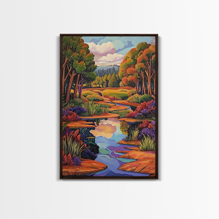 Autumn Trees, Reflection, Canvas Print, Fall forest scene, living room art, nature inspired decor, woodland painting, cozy autumn vibes