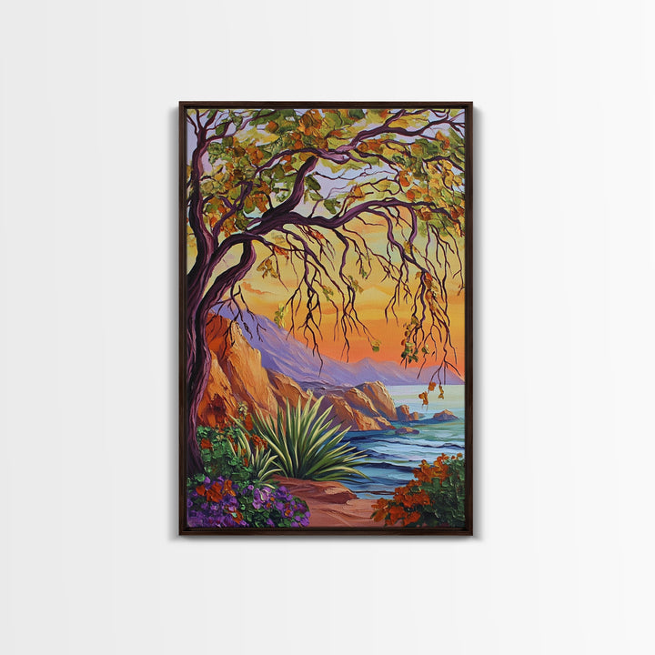 Coastal Tree View, Ocean Cliff Art, Sunset Seascape Painting, Nature Wall Decor, Framed Canvas Print, Hallway Wall Art, beach house art