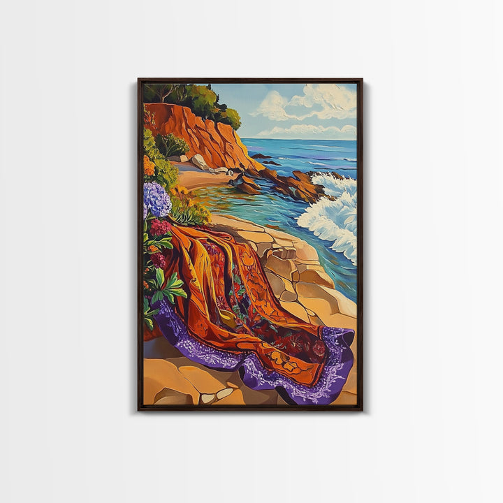 Ocean Blanket, Coast, Framed Canvas Print, Coastal boho art, beach blanket painting, vibrant seashore scene, bedroom wall art, summer vibes