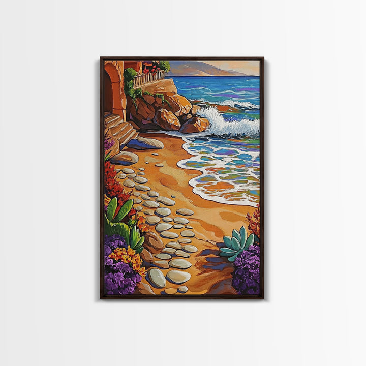 Coastal Path, Beach Steps, Ocean View, Canvas Print, tropical art, relaxing decor, vibrant seascape, Bathroom Wall Art
