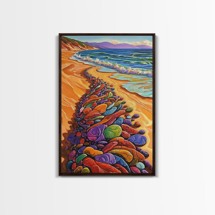 Colorful Rocks, Coastal Art, Vibrant Beach, Framed Canvas Print, nature-inspired painting, whimsical art, Hallway Wall Art