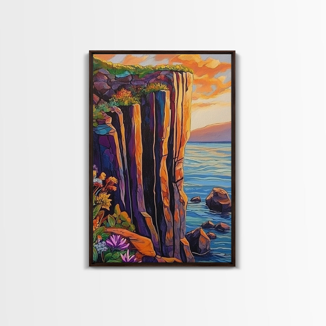 Cliff Sunset, Sea, Canvas Print, Bold coastal wall art, rocky cliff painting, dramatic sunset scene, office or den decor, nature inspired art