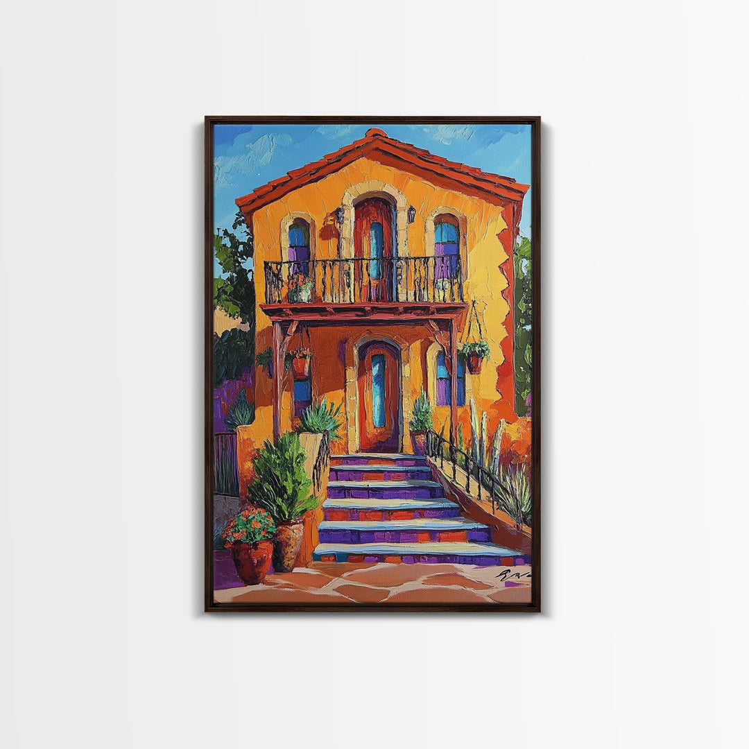 Adobe House, Vibrant Southwest, Fall Architecture Wall Art, Canvas Print, Rustic Staircase Scene, Boho Living Room Decor, Warm Entryway Art
