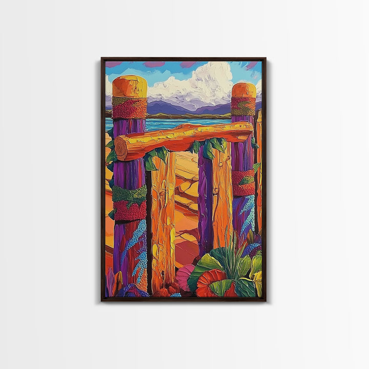 Coastal Fence, Sunset Vibes, Colorful Beach, Ocean Breeze, Framed Canvas Print, Beach House Wall Art, Vibrant Seascape, Tropical Boho Art