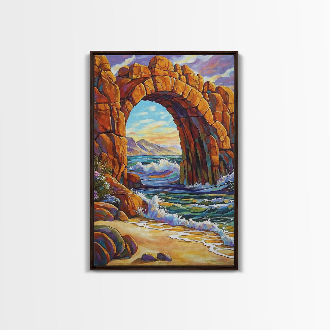 Ocean Arch, Wave Drama, Cliff Coast, Sunset Light, Framed Canvas Print, Living Room Wall Art, Coastal Landscape, Nature Inspired Art