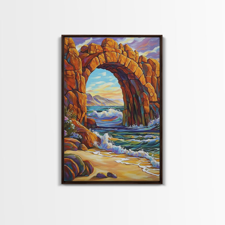 Ocean Arch, Wave Drama, Cliff Coast, Sunset Light, Framed Canvas Print, Living Room Wall Art, Coastal Landscape, Nature Inspired Art