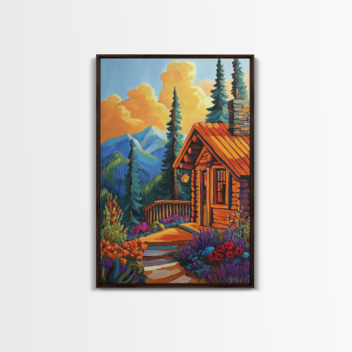 Cabin Escape, Fall Glow, Mountain Forest, Rustic Beauty, Canvas Print, Autumn Wall Art, Log Cabin Decor, Cozy Living Room Accent