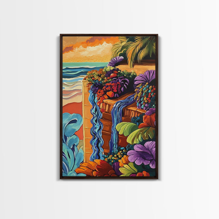 Tropical Garden Waterfall, Coastal Wall Art, Sunset Jungle Scene, Framed Canvas Print, Vibrant Nature Painting, Living Room Boho Art