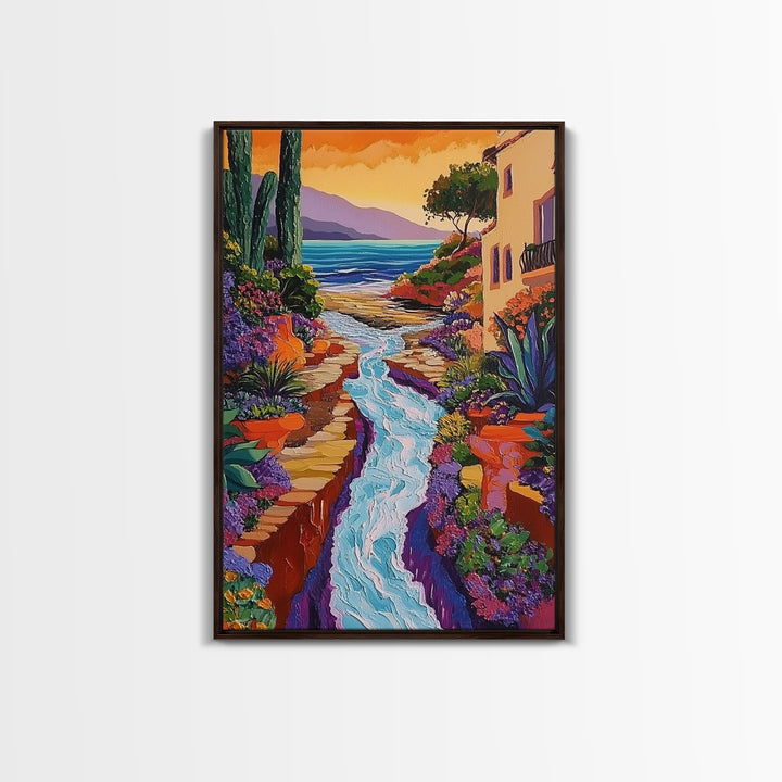 Coastal Pathway Stream, Sunset Cactus Art, Vibrant Garden Trail, Canvas Print, Mediterranean Landscape, Kitchen Wall Decor, Boho Art