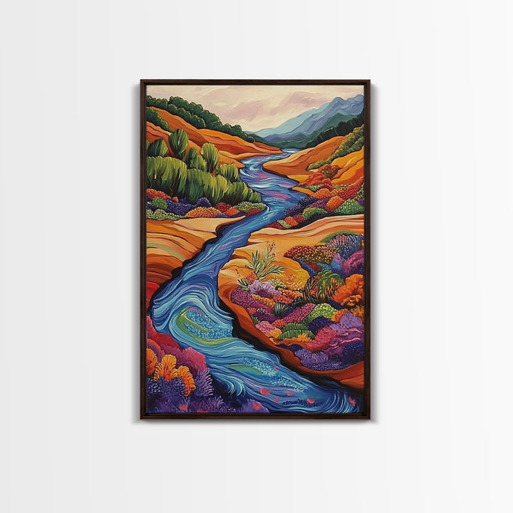Autumn River Valley, Floral Hillside Art, Bright Fall Landscape, Framed Canvas Print, Seasonal Wall Decor, Living Room Autumn Art