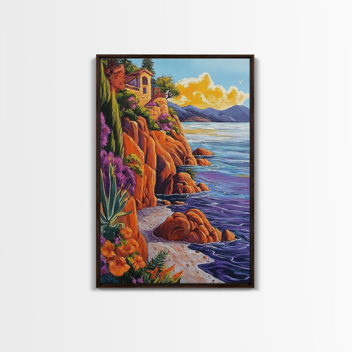 Ocean Cliffside Villa, Seaside Sunset Art, Purple Water Shoreline, Canvas Print, Kitchen Wall Art, Vibrant Mediterranean Landscape