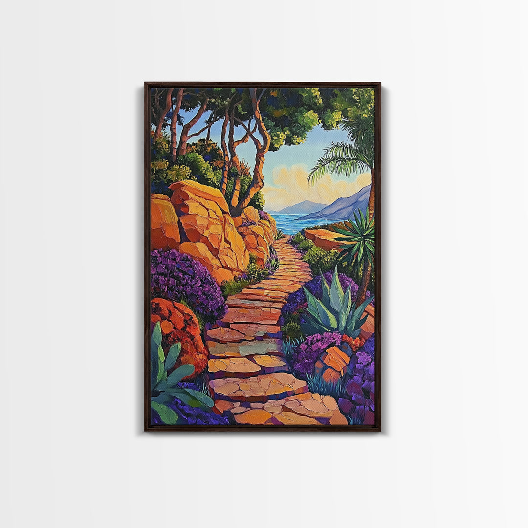 Coastal Trail, Vibrant Path, Tropical Landscape, Nature Art, Sunset Vibes, Living Room Wall Art, Canvas Print, Boho Chic Decor