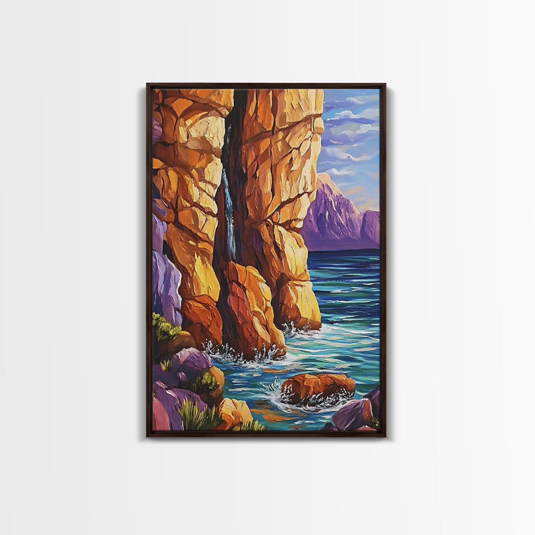 Canyon Waterfall, Ocean Cliffs, Nature Escape, Rugged Landscape, Fall Season Decor, Living Room Wall Art, Framed Canvas Print