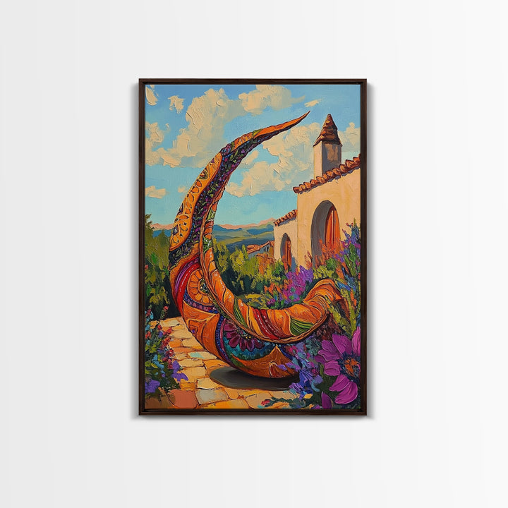 Crescent Sculpture, Sunset Courtyard, Boho Garden Art, Vibrant Southwest Style, Outdoor Decor, Framed Canvas Print, Patio Wall Art