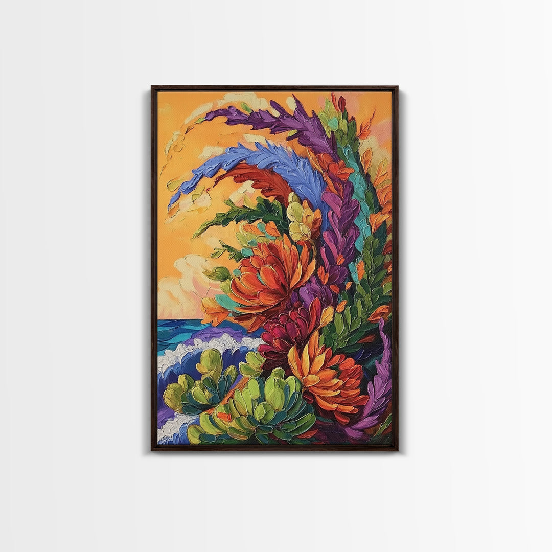 Abstract Florals, Bold Beach Scene, Coastal Flower Art, Vibrant Wall Accent, Kitchen Wall Art, Boho Style, Canvas Print, Sunset Tones