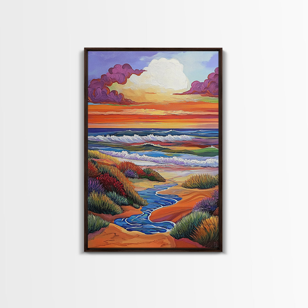 Coastal Sunset, Rolling Waves, Vibrant Beachscape, Boho Ocean Scene, Living Room Wall Art, Seaside Decor, Framed Canvas Print