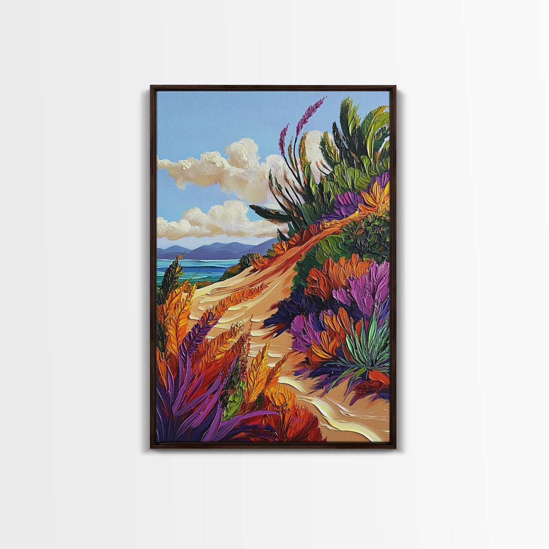 Ocean Cliff Path, Colorful Flora, Coastal Desert View, Summer Breeze Art, Beach House Wall Art, Canvas Print, Boho Nature Style