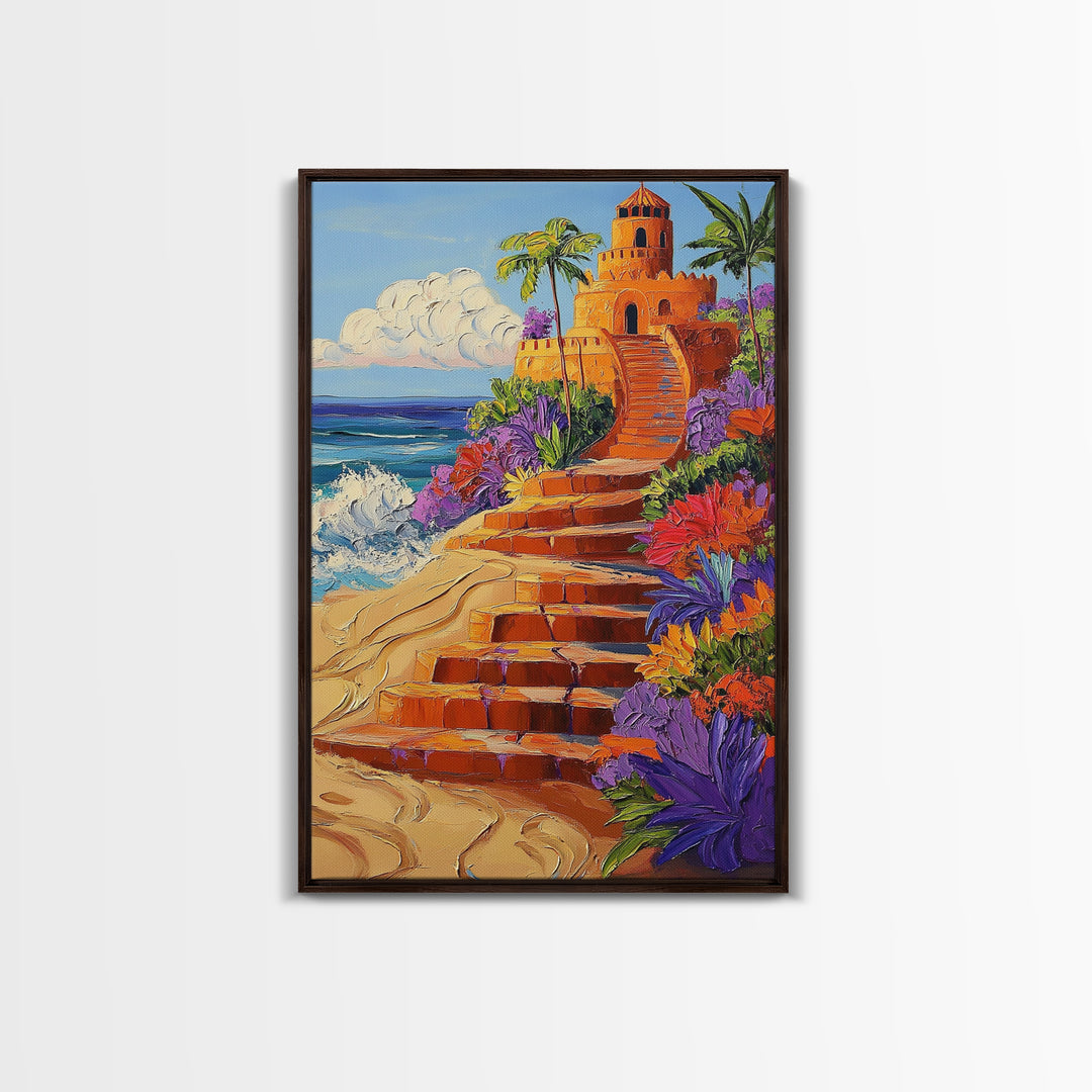 Coastal Castle, Vibrant Tropics, Seaside Fantasy Art, Bold Beach Decor, Playful Wall Accent, Framed Canvas Print, Tropical Style Room
