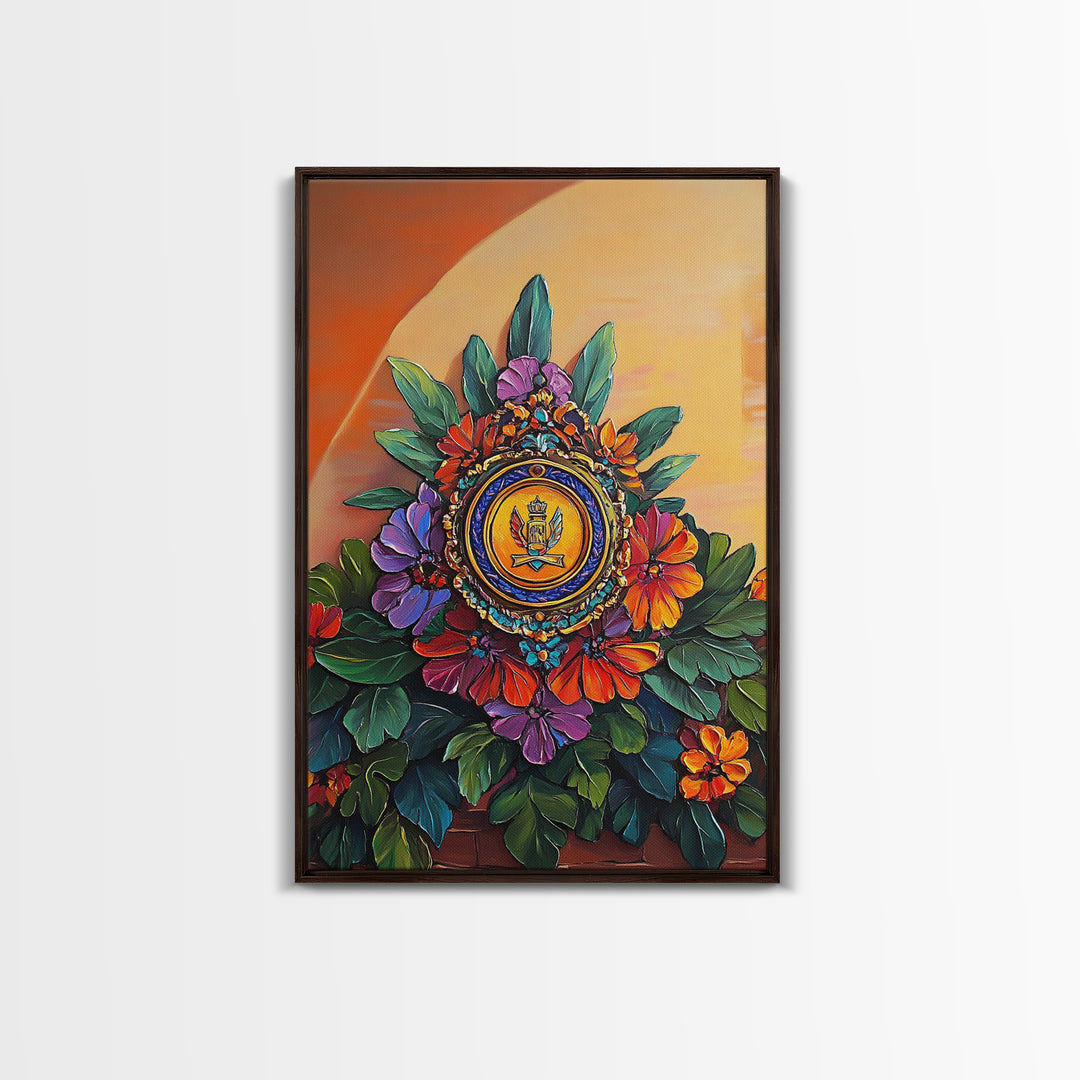 Royal Crest, Floral Emblem, Mediterranean Decor, Vibrant Details, Framed Canvas Print, Kitchen Wall Art, Spanish Wall Art, Regal Vibe