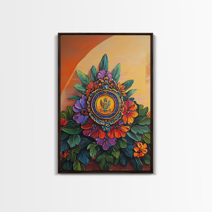 Royal Crest, Floral Emblem, Mediterranean Decor, Vibrant Details, Framed Canvas Print, Kitchen Wall Art, Spanish Wall Art, Regal Vibe