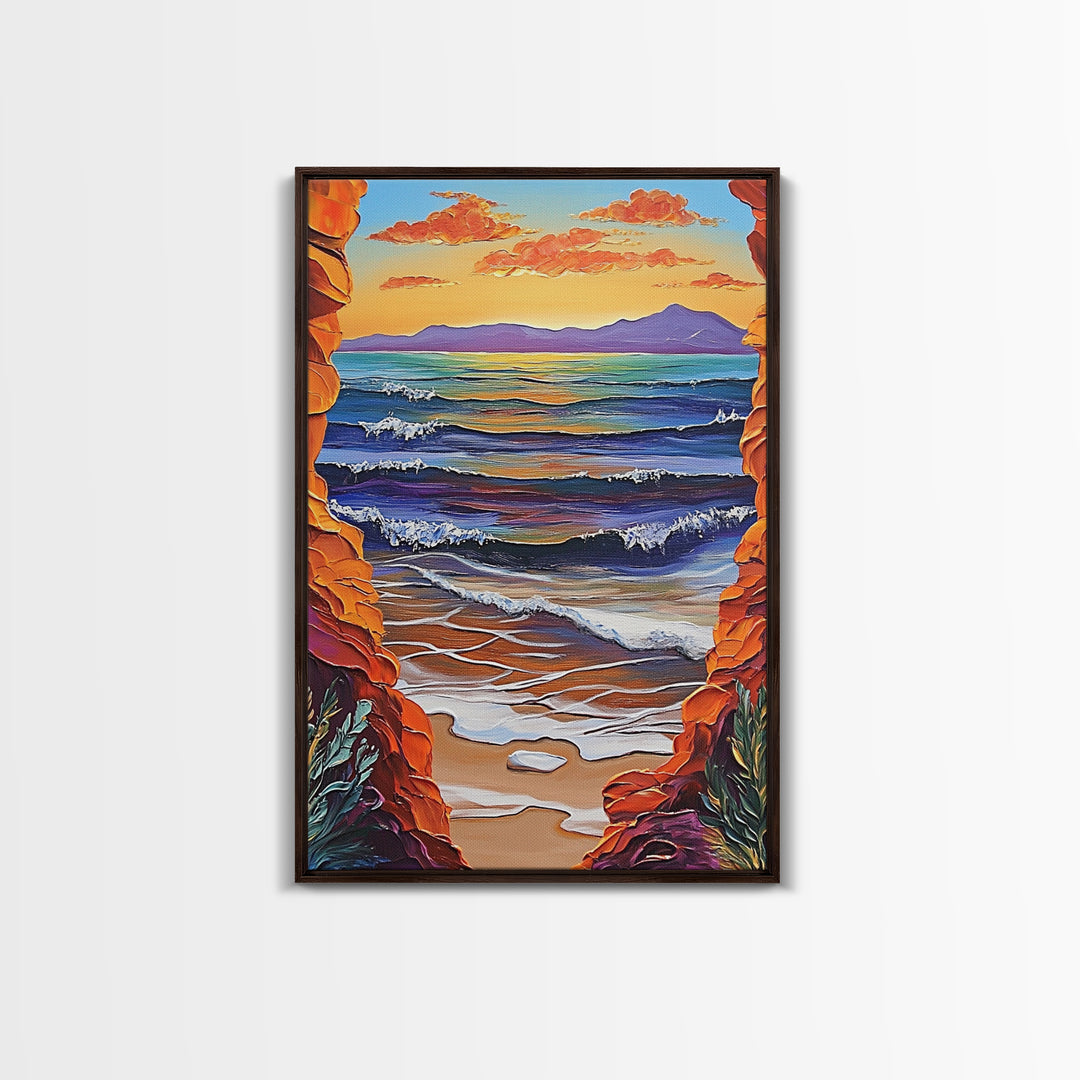 Ocean Horizon, Cliffside View, Sunset Waves, Peaceful Seascape, Framed Canvas Print, Living Room Wall Art, Beach Window View