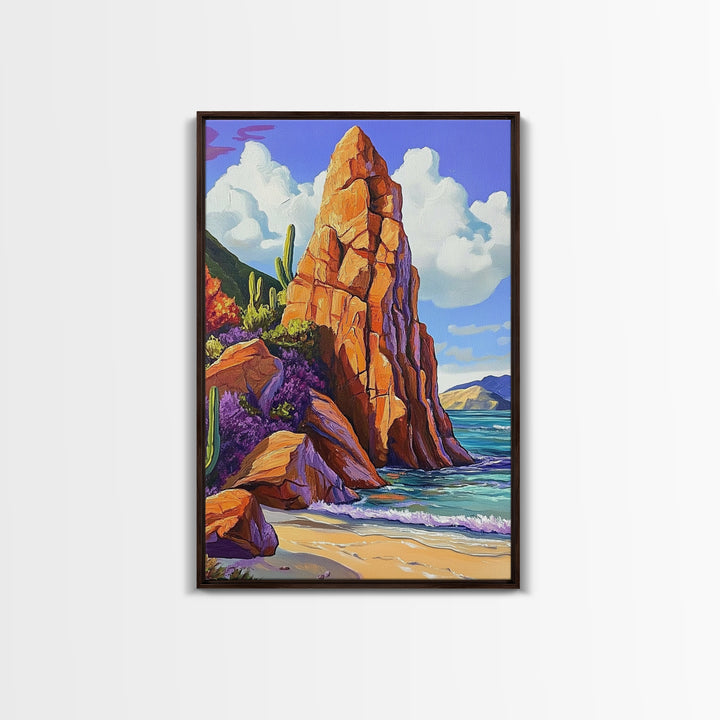 Rocky Spire, Cactus Landscape, Desert Coastline, Nature Escape, Framed Canvas Print, Western Wall Art, Adventure Travel Aesthetic