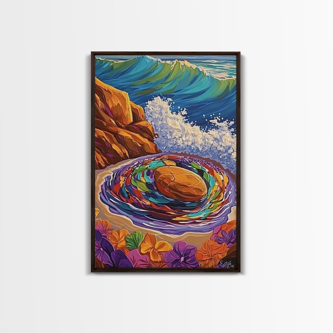Ocean Spiral Stones, Coastal Zen Art, Sea Energy Waves, Framed Canvas Print, Boho Beach Wall Art, Meditation Room Decor, Nature Spiritual Art