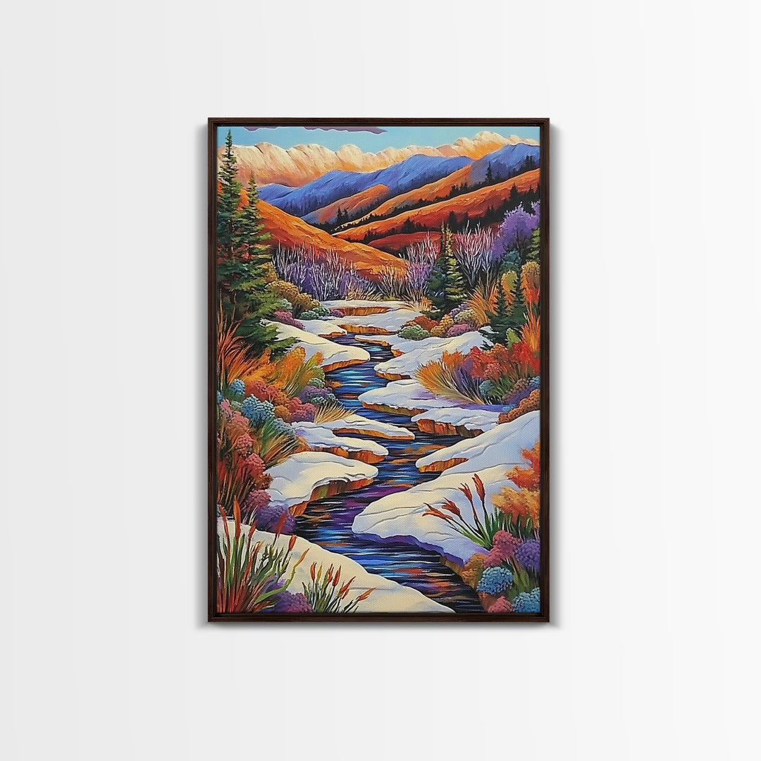 Autumn Snow Creek, Mountain Fall Scene, Nature River Painting, Framed Canvas Print, Cozy Living Room Wall Art, Rustic Cabin Style