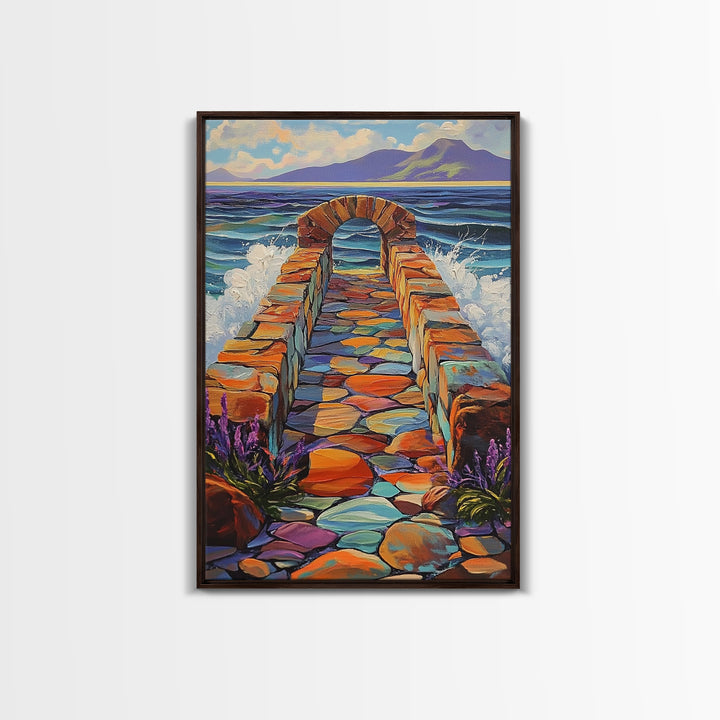 Ocean Stone Path Painting, Canvas Print, Coastal entryway art, vibrant beach decor, boho landscape print, nautical wall piece