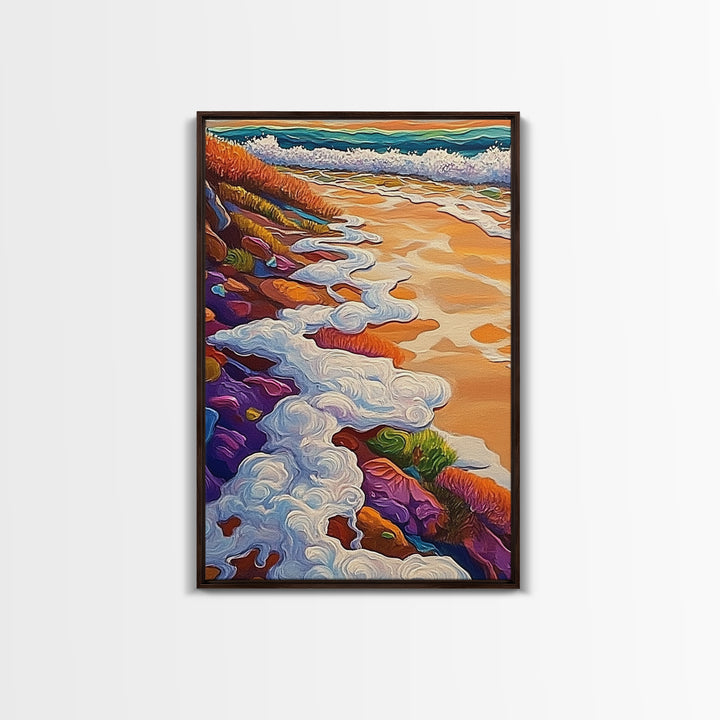 Ocean Shore Foam, Abstract Beach Scene, Coastal Texture Art, Framed Canvas Print, Summer Bathroom Wall Art, Vibrant Seaside Style