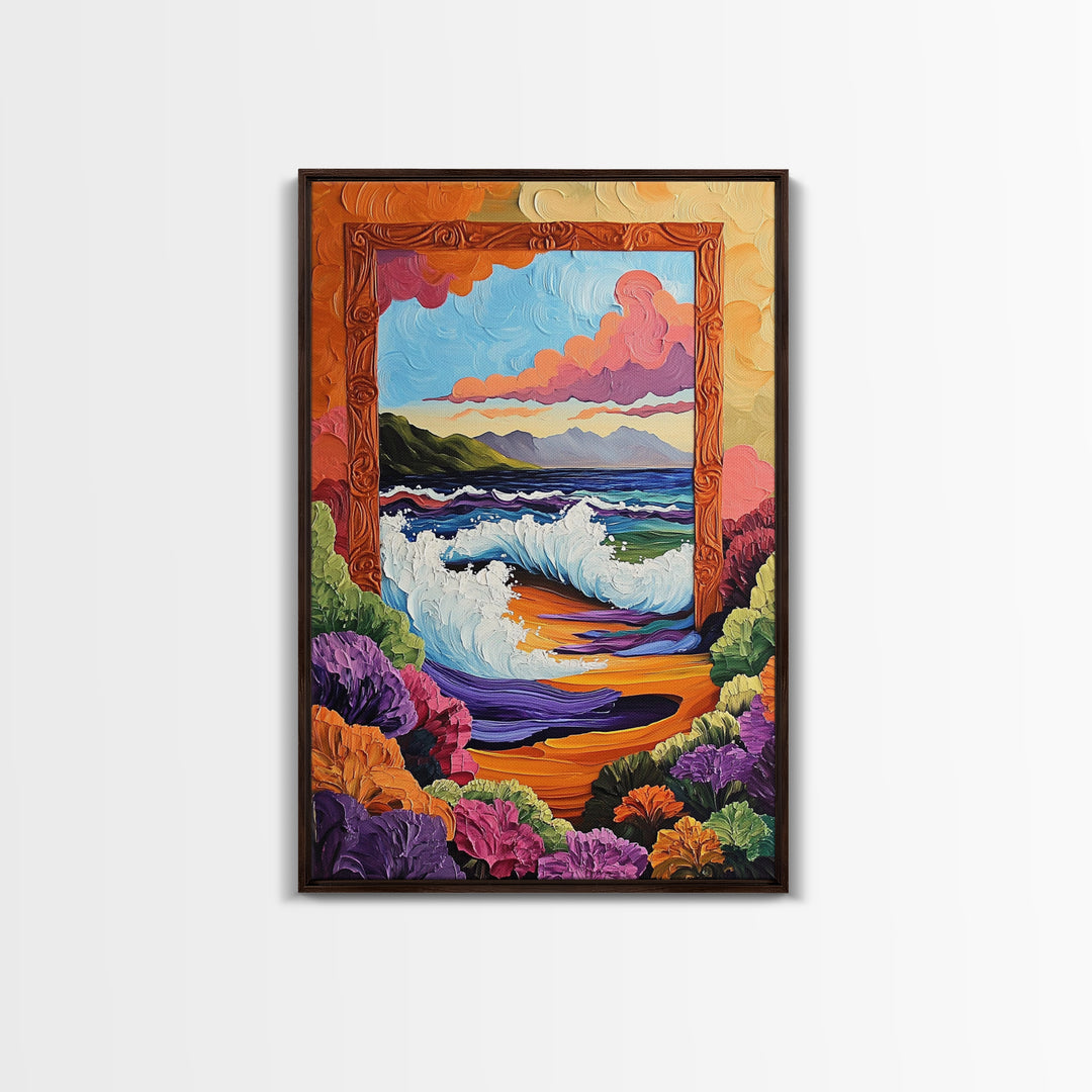 Ocean Frame, Crashing Waves, Surreal Seascape, Floral Shoreline, Framed Canvas Print, Coastal Wall Art, Bathroom Decor, Dreamy Beach Art