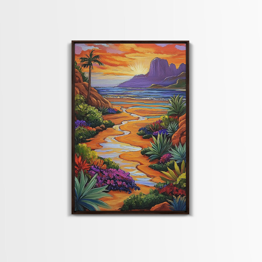 Desert Beach, Mountain Sunset, Ocean Stream, Palm Tree — Framed Canvas Print vibrant landscape wall art, boho living room, beach house decor