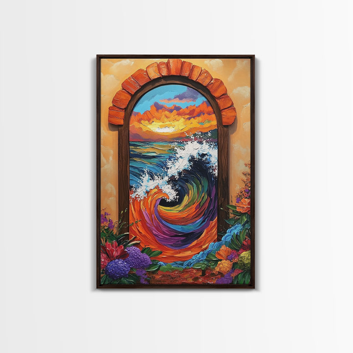 Ocean Wave Portal, Whimsical Sea Art, Sunset Coastal Decor, Framed Canvas Print, Living Room Accent, Vivid Nautical Painting