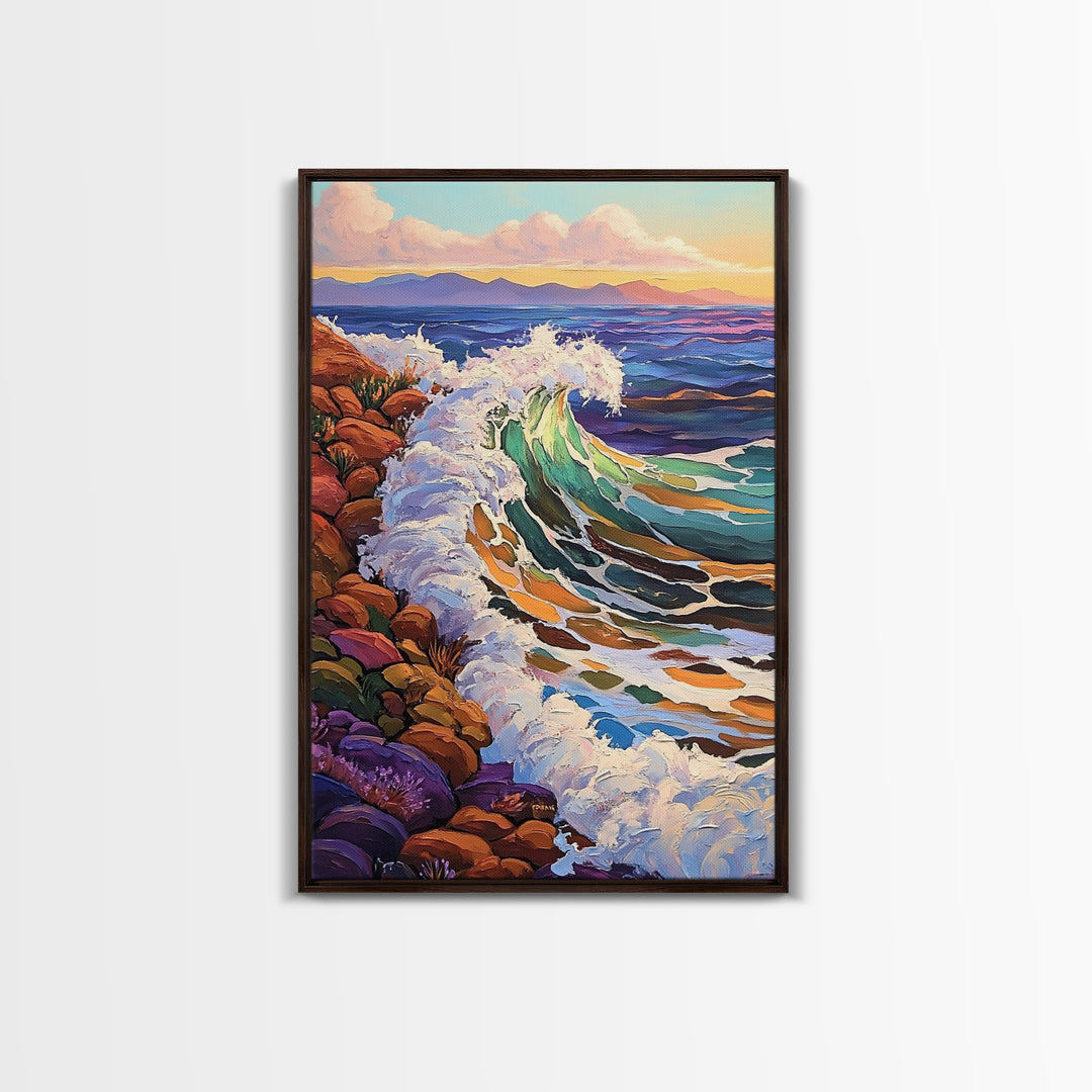 Crashing Ocean Wave, Rocky Coastline Scene, Vibrant Beach Art, Framed Canvas Print, Nature Inspired, Coastal Living Room Wall Art