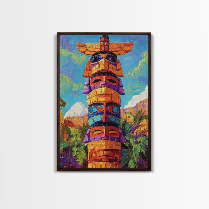Totem Pole Painting, Tribal Inspired Decor, Canvas Print, Vibrant Wall Art, Boho Art Style, Entryway Statement Art, Unique Cultural Art
