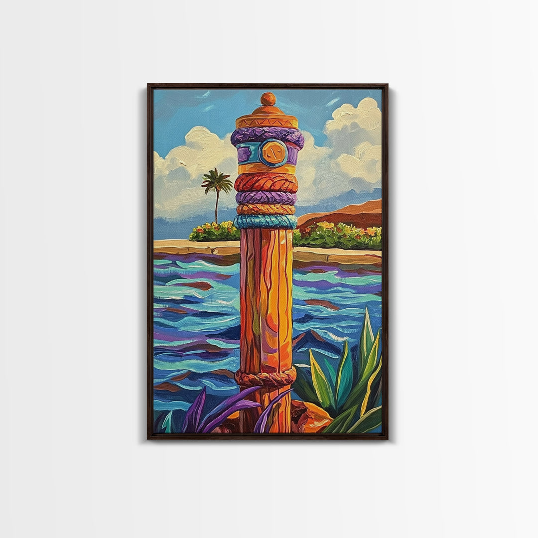 Nautical Pole Art, Tropical Shoreline Decor, Canvas Print, Coastal Boho Wall Art, Bathroom Beach Theme, Island Inspired Design