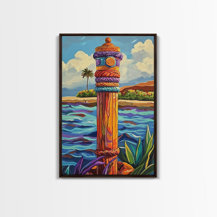 Nautical Pole Art, Tropical Shoreline Decor, Canvas Print, Coastal Boho Wall Art, Bathroom Beach Theme, Island Inspired Design
