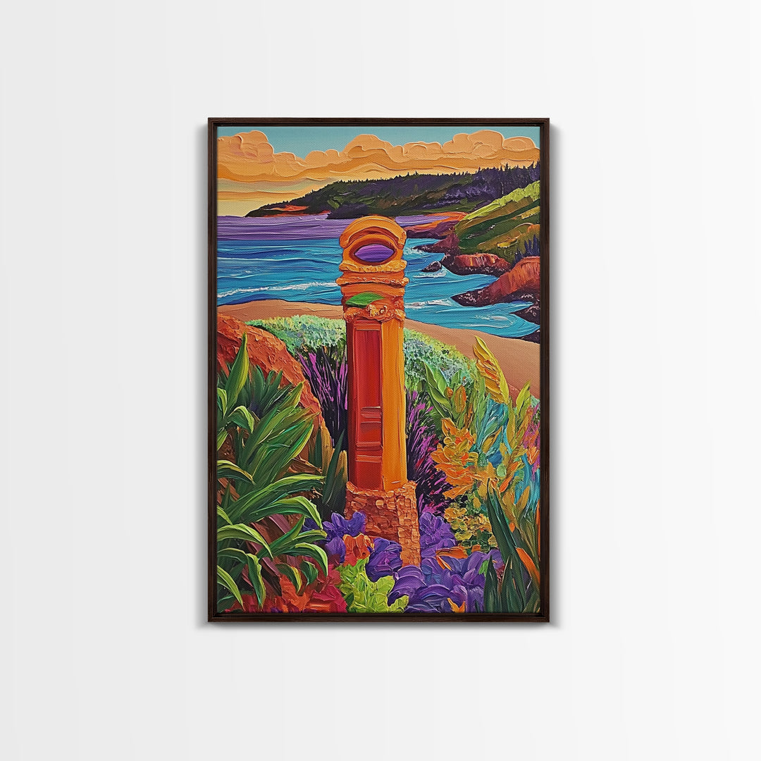 Coastal Landmark Art, Beach Garden View, Framed Canvas Print, Vibrant Landscape Wall Art, Sunroom Decor, Bright Coastal Scene