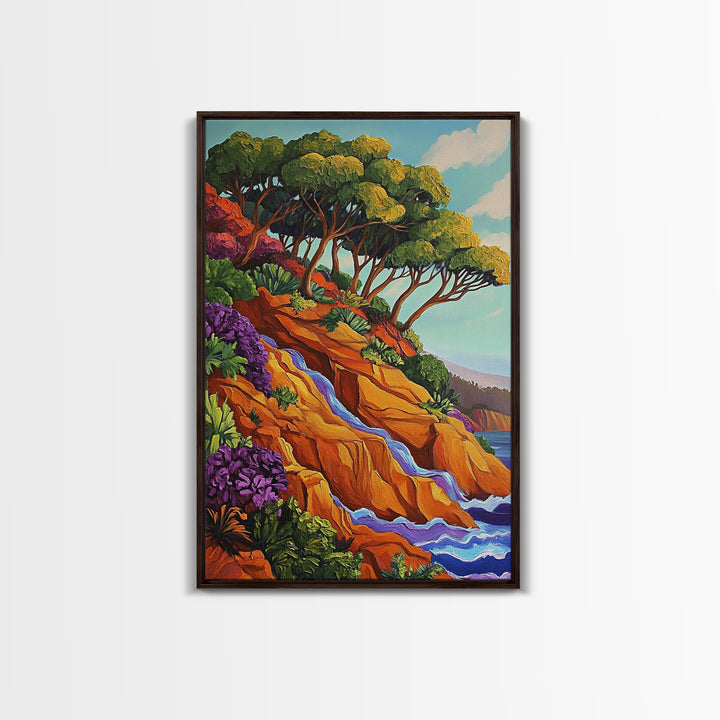 Cliffside Trees Flow, Coastal Waterfall Art, Canvas Print, Scenic Nature Wall Decor, Spa Bathroom Wall Art, Tranquil Landscape Scene