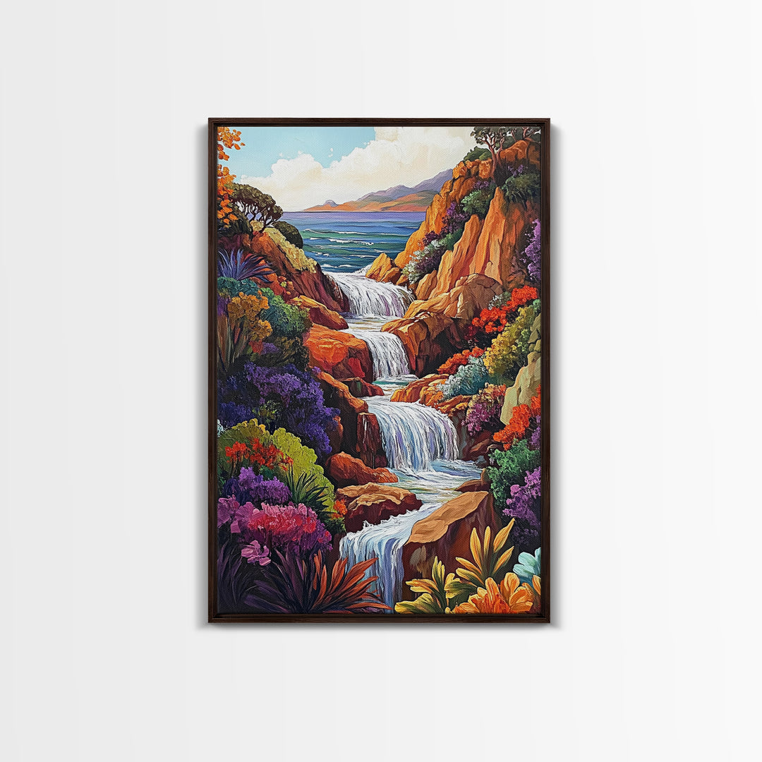 Cascading Falls, Ocean Cliffs, Tropical Flowers, Bold Nature, Framed Canvas Print, Living Room Wall Art, Maximalist Decor, Beach Art