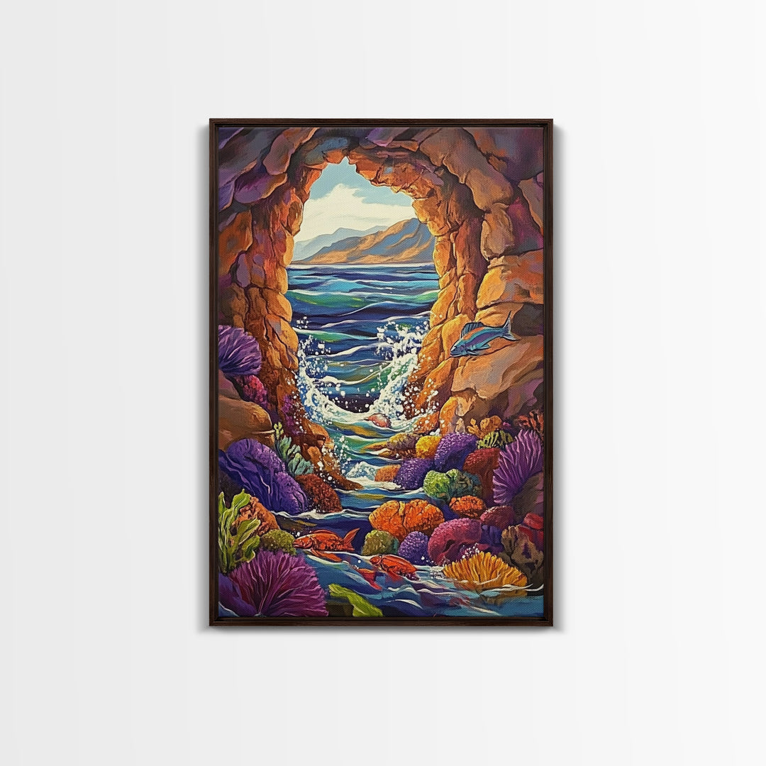 Ocean Cave Window, Underwater Scene, Marine Life, Coral Reef, Framed Canvas Print, Bathroom Wall Art, Coastal Decor, Nautical Art