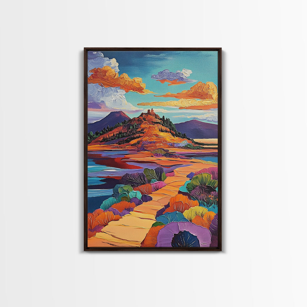 Desert Pathway Painting, Vibrant Mountain Scene, Colorful Earthy Art, Framed Canvas Print, Rustic Hallway Wall Art, Fall Colors