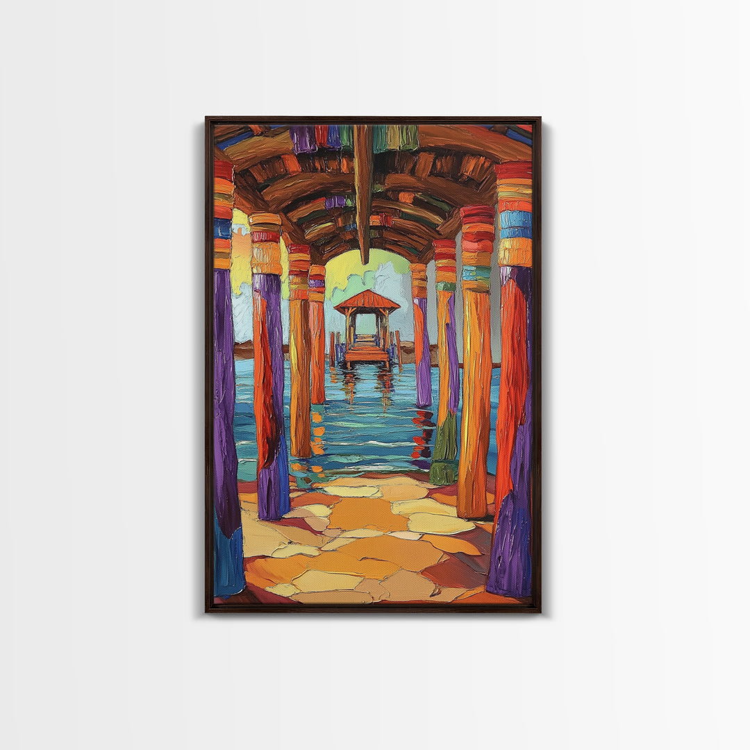 Dock Walkway, Tropical Pier, Ocean View, Beach Art, Framed Canvas Print coastal home decor, hallway wall art, vibrant nautical painting