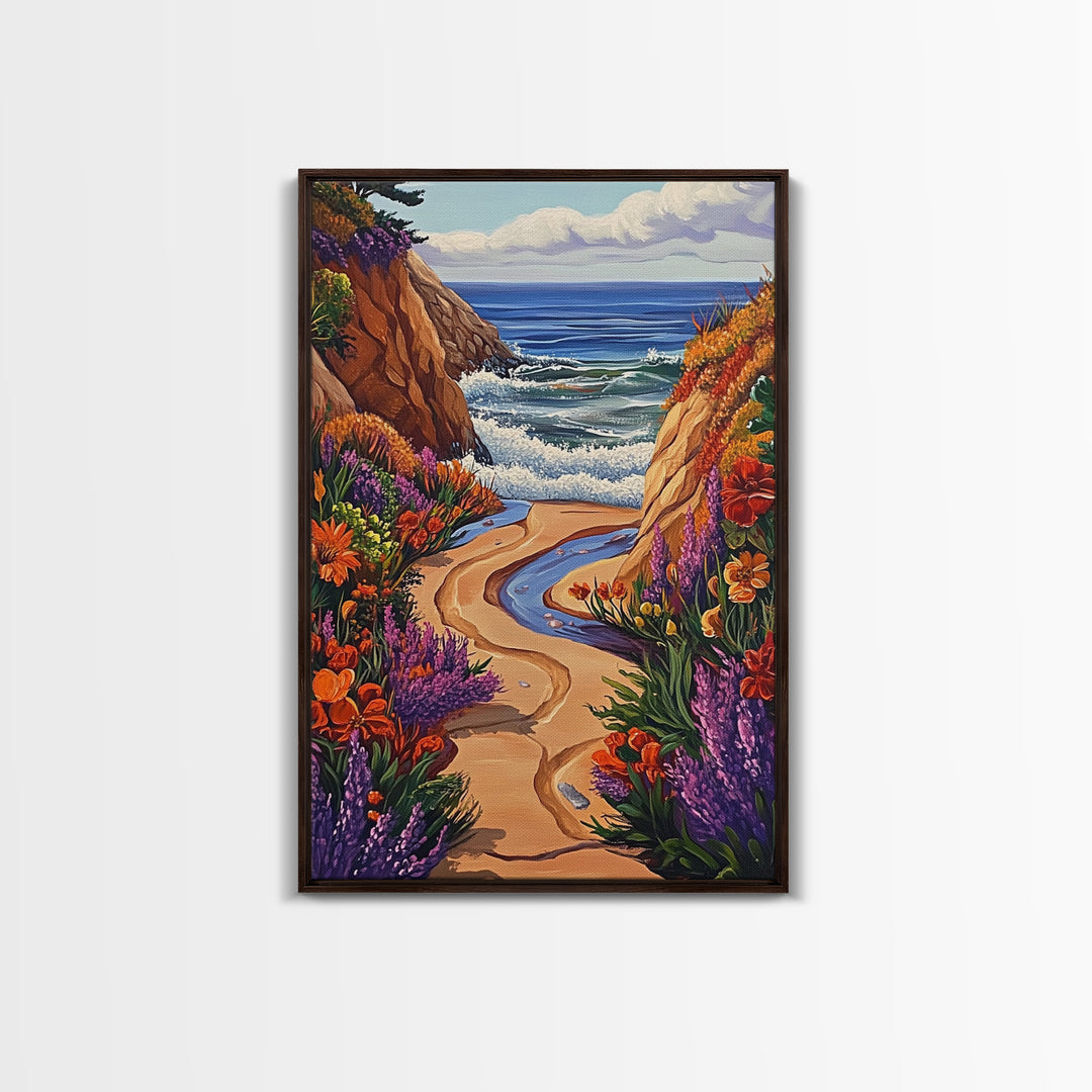 Coastal Path, Floral Trail, Ocean View, Beach Landscape, Framed Canvas Print, boho art, hallway decor, tropical wall art, beach house art