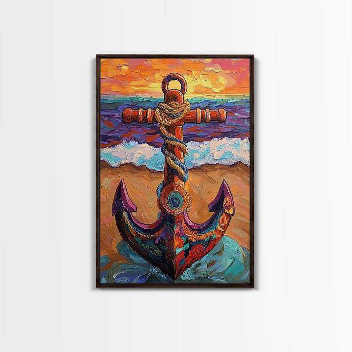 Nautical Anchor, Sunset, Coastal, Framed Canvas Print, ocean sunset art, beach house decor, rustic nautical theme, Living Room or Office