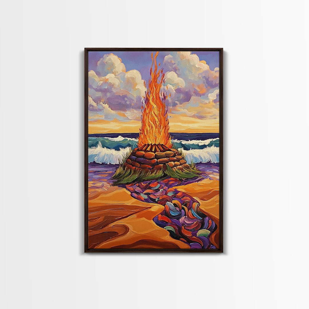 Bonfire Beach, Twilight, Ocean, Framed Canvas Print fire pit artwork, vibrant beach decor, ocean waves and flames, Fall living room wall art